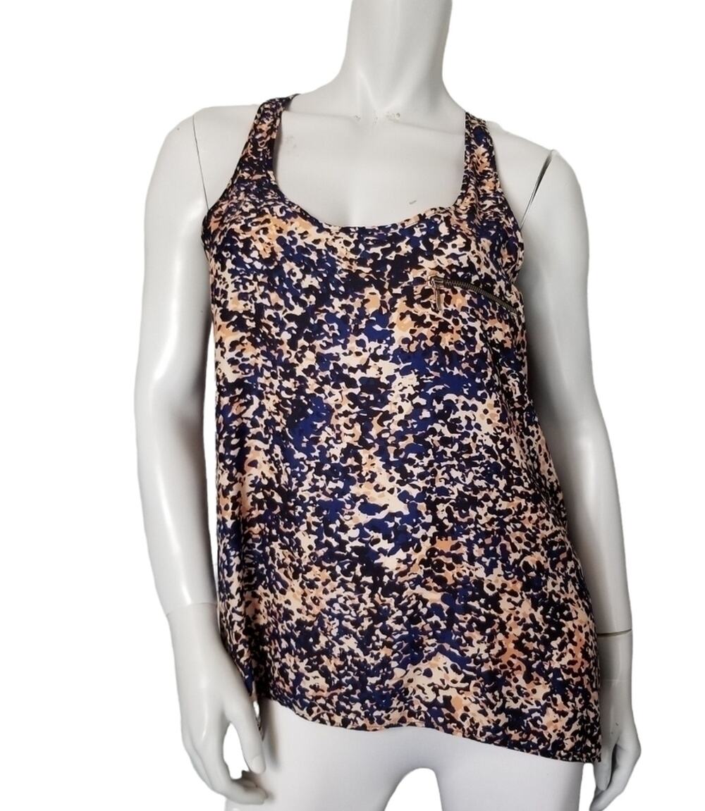 MNG Casual SZ XL Tank Top Racer Back Blue Pink Black Confetti Asymmetrical Hem